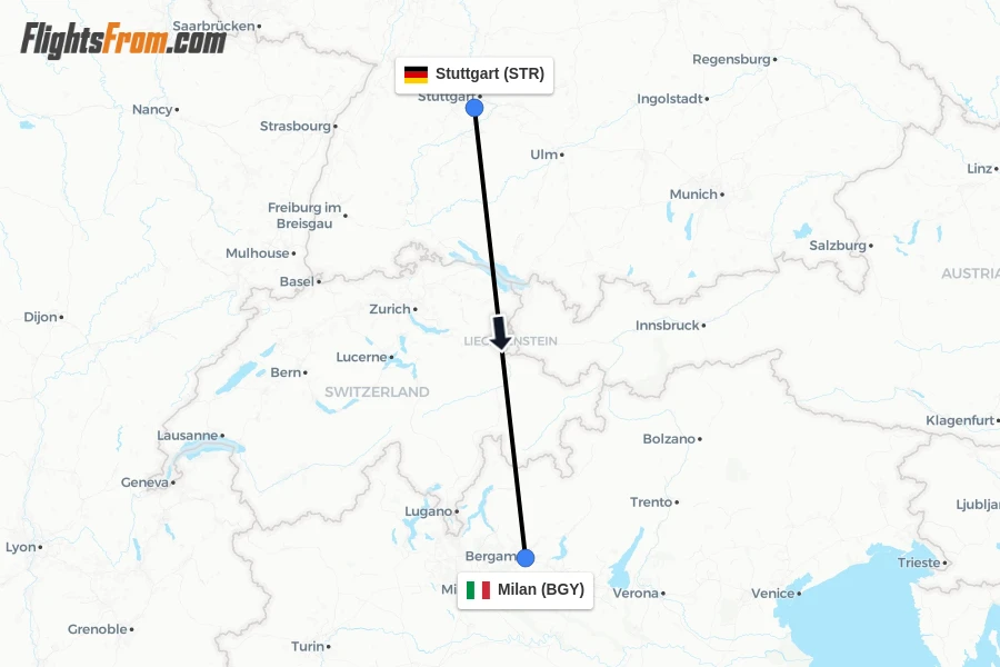 Flights from Stuttgart to Milan route map