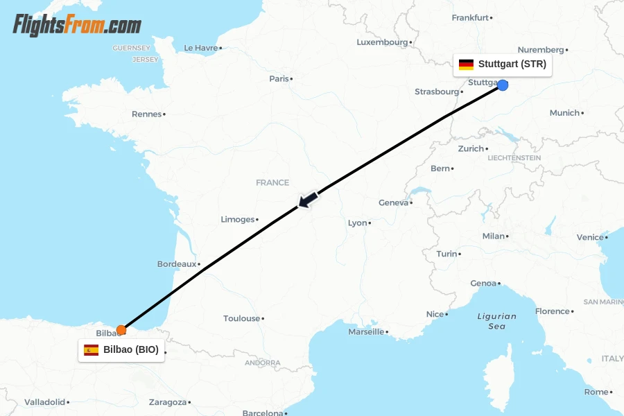 Flights from Stuttgart to Bilbao route map