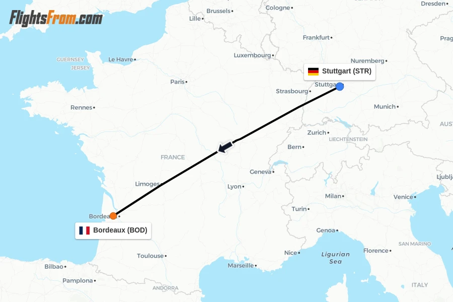 Flights from Stuttgart to Bordeaux route map
