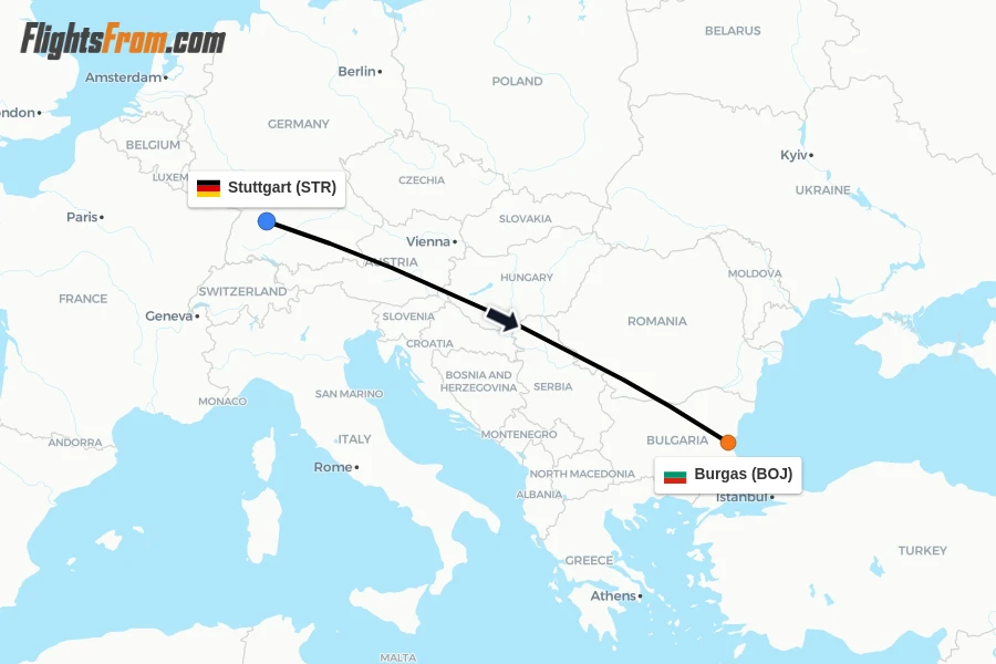 Flights from Stuttgart to Burgas route map