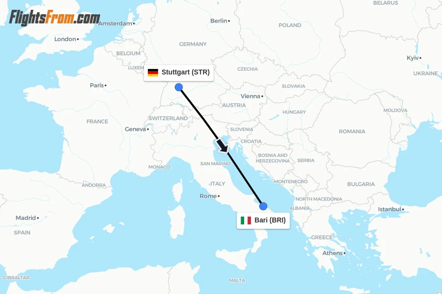 Flights from Stuttgart to Bari route map