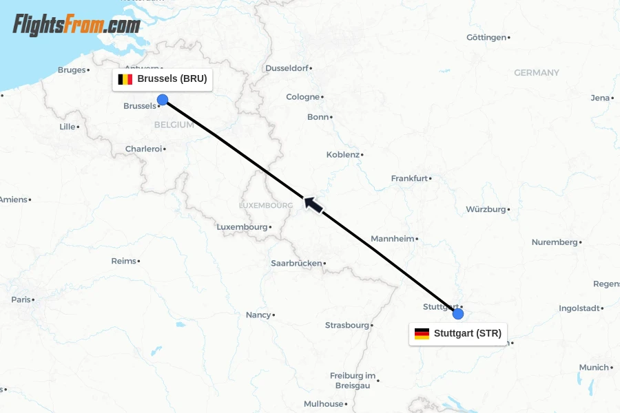 Flights from Stuttgart to Brussels route map
