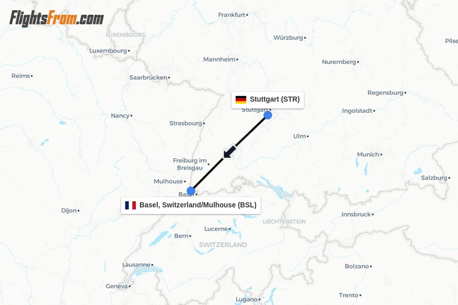 Flights from Stuttgart to Basel, Switzerland/Mulhouse route map