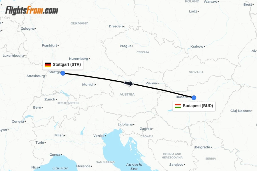 Flights from Stuttgart to Budapest route map