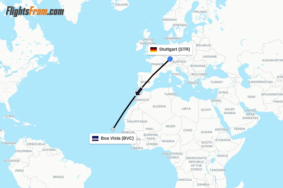 Flights from Stuttgart to Boa Vista route map
