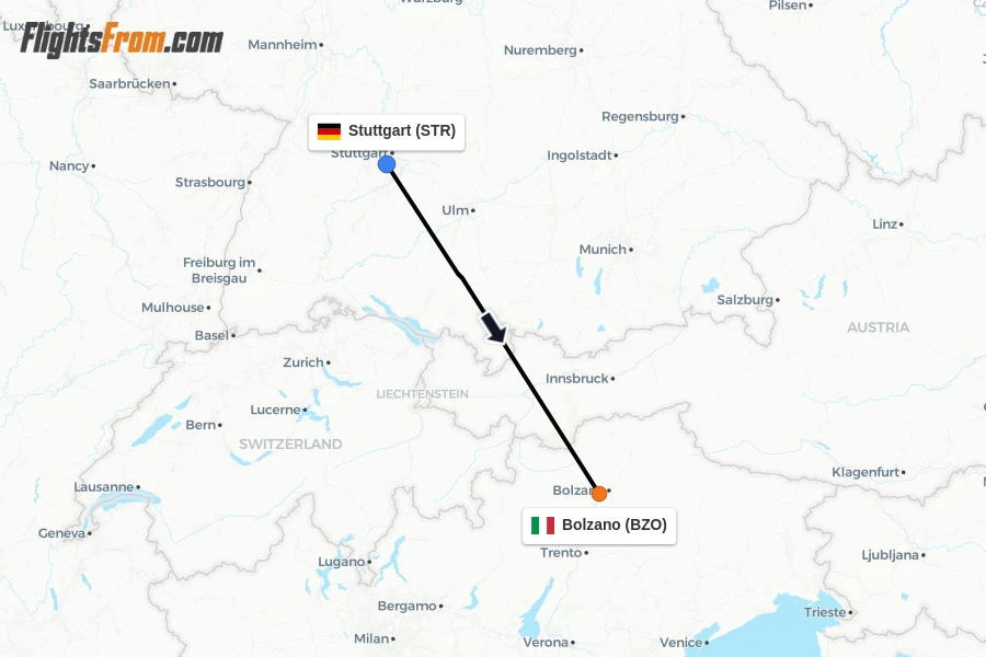 Flights from Stuttgart to Bolzano route map