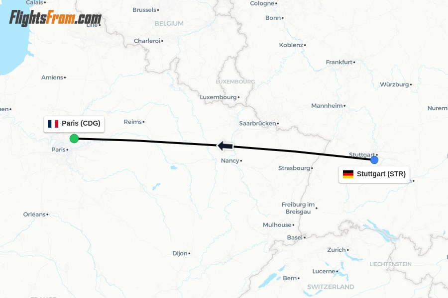 Flights from Stuttgart to Paris route map