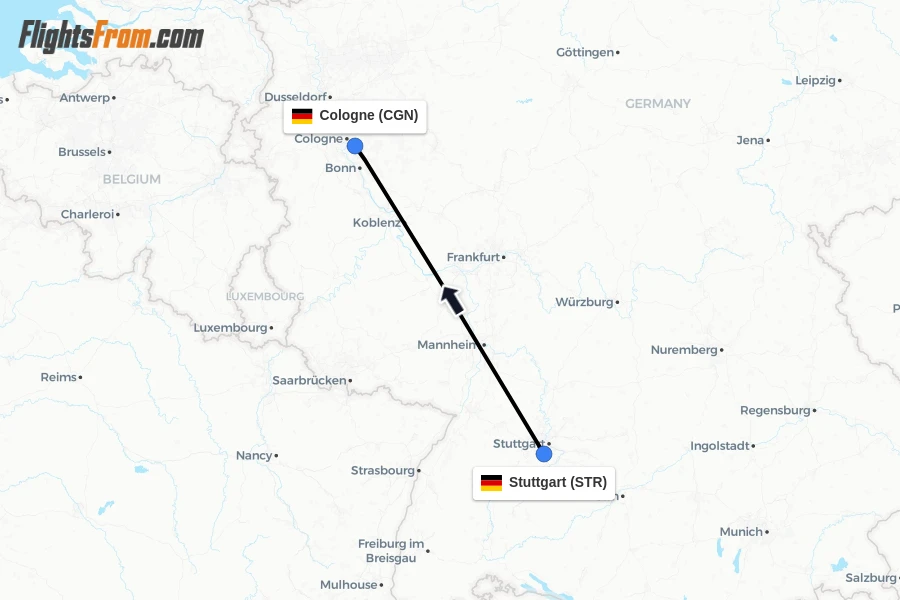 Flights from Stuttgart to Cologne route map