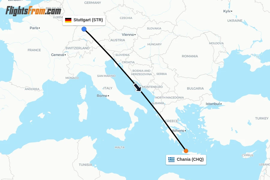 Flights from Stuttgart to Chania route map