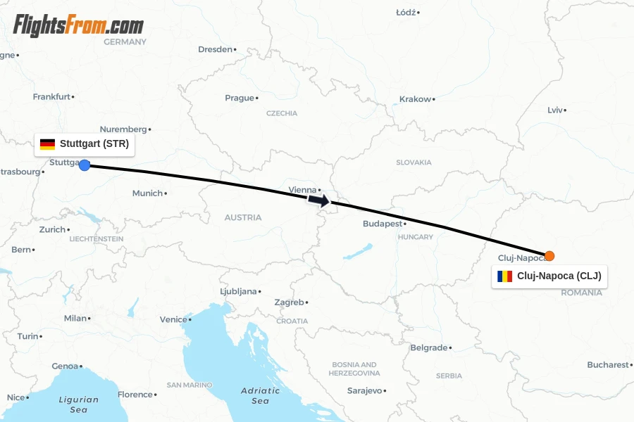 Flights from Stuttgart to Cluj-Napoca route map