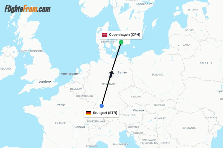 Flights from Stuttgart to Copenhagen route map