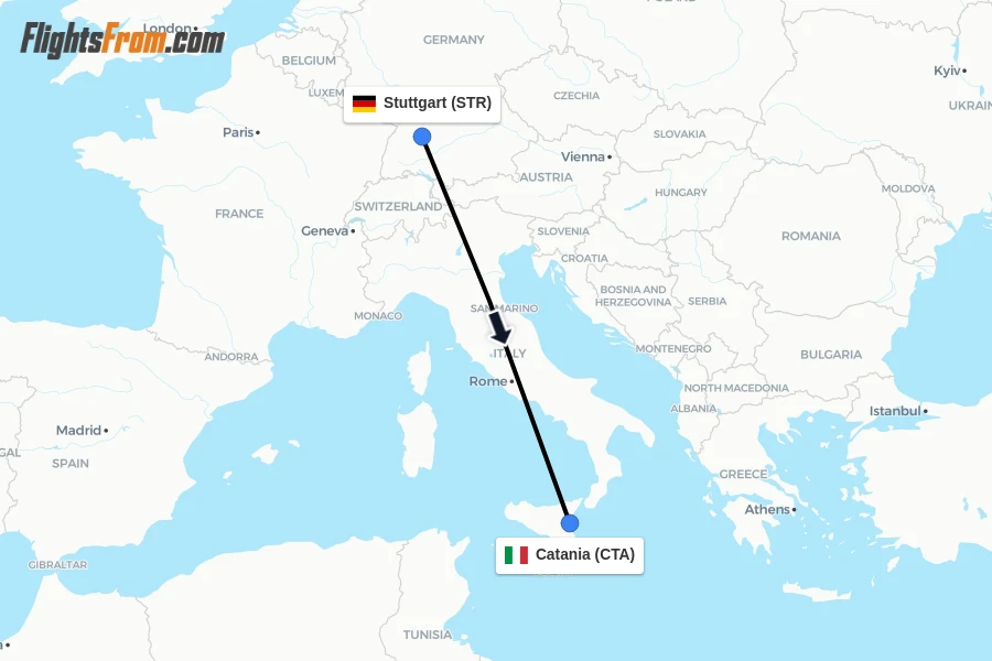 Flights from Stuttgart to Catania route map