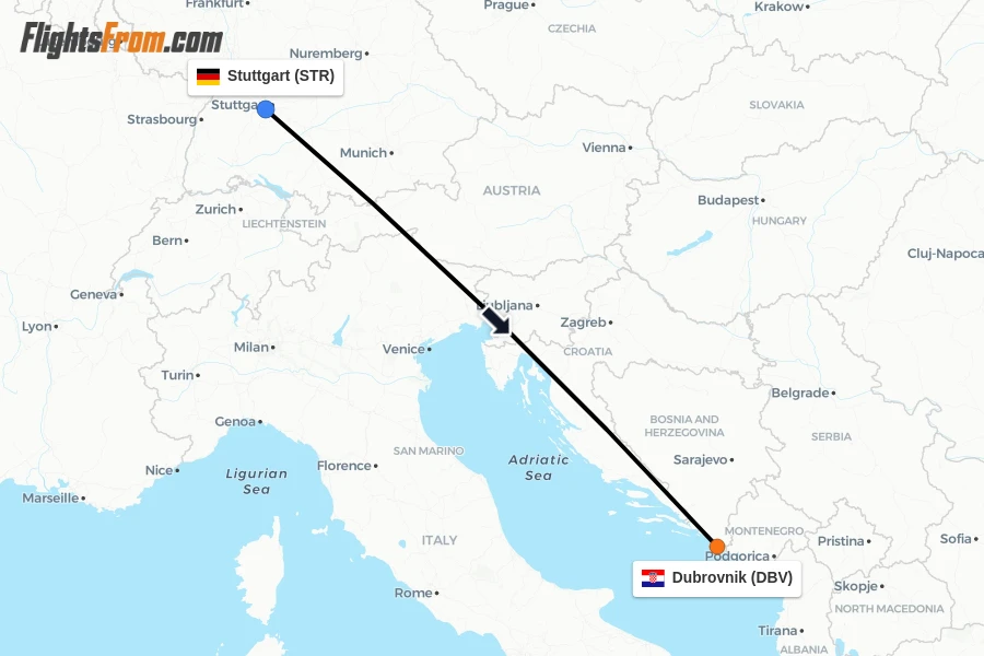 Flights from Stuttgart to Dubrovnik route map
