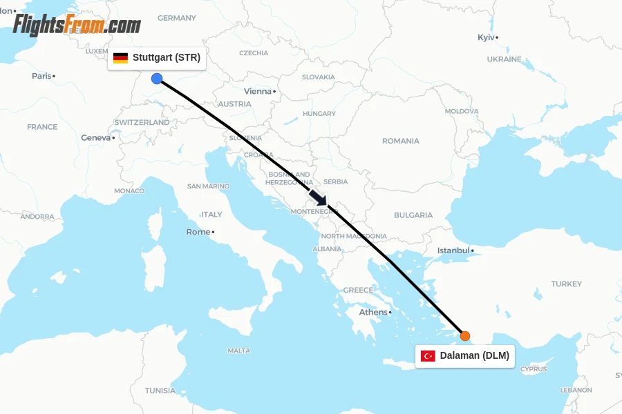 Flights from Stuttgart to Dalaman route map
