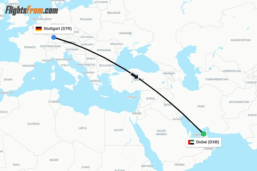 Flights from Stuttgart to Dubai route map
