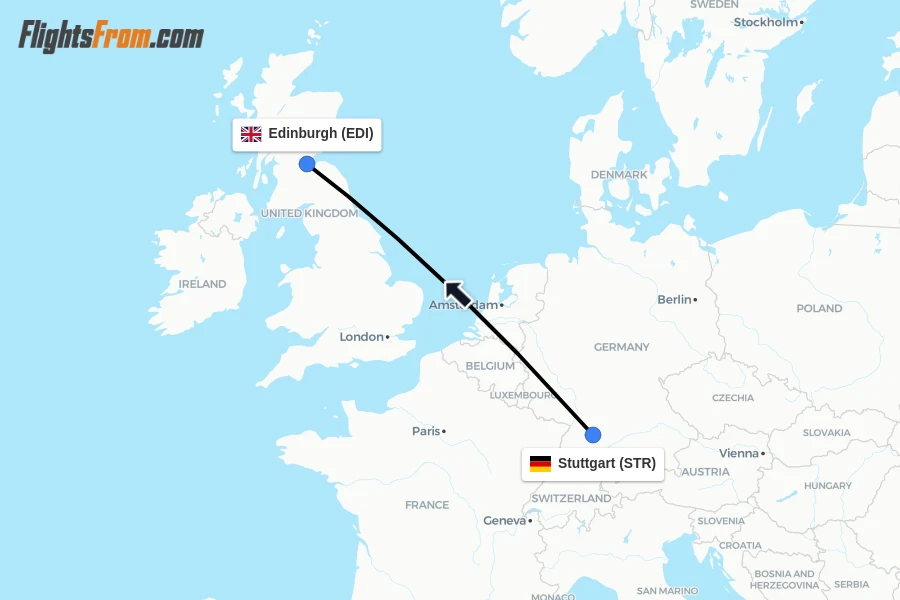 Flights from Stuttgart to Edinburgh route map
