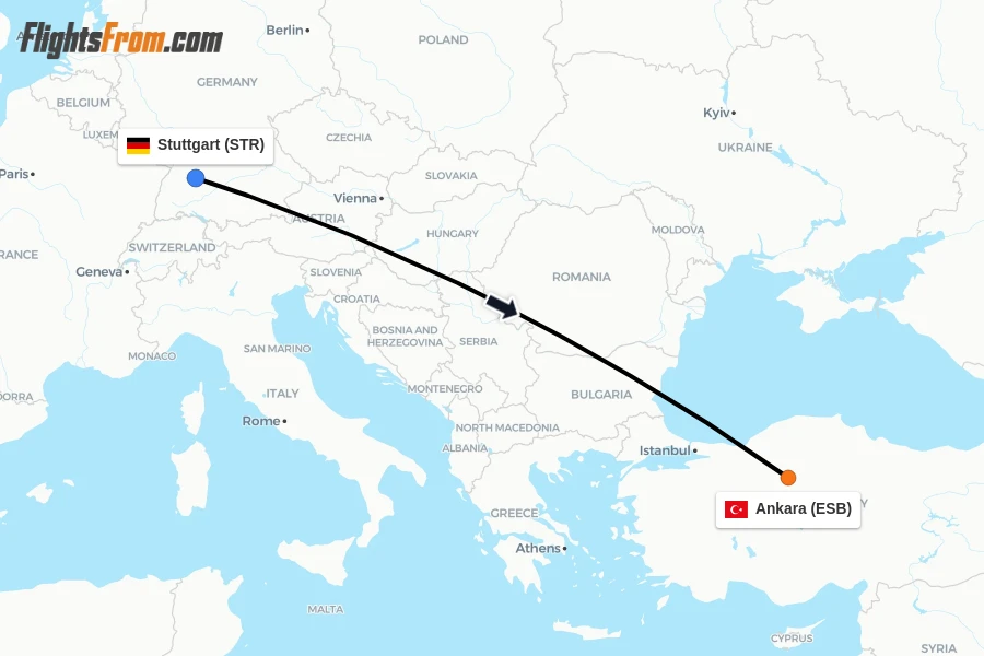 Flights from Stuttgart to Ankara route map