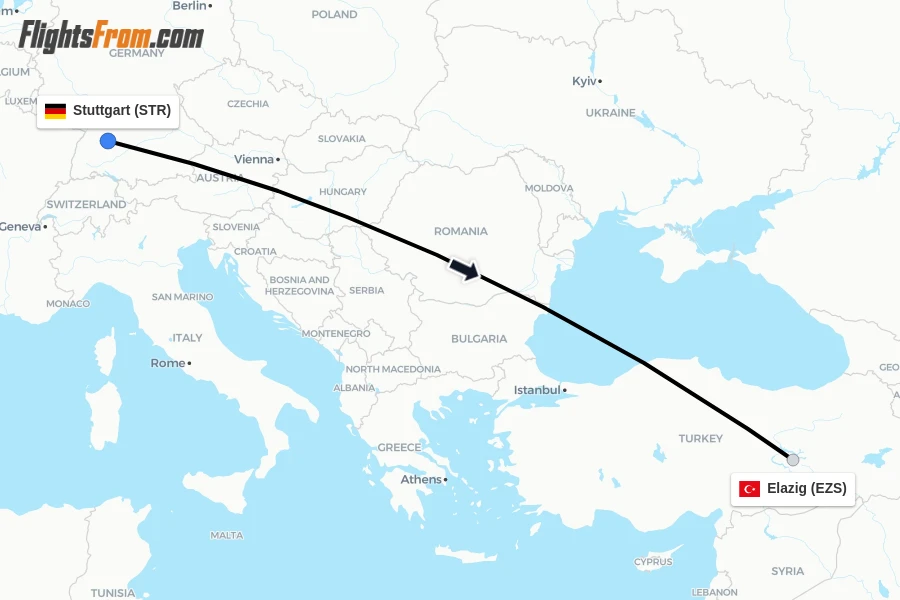 Flights from Stuttgart to Elazig route map