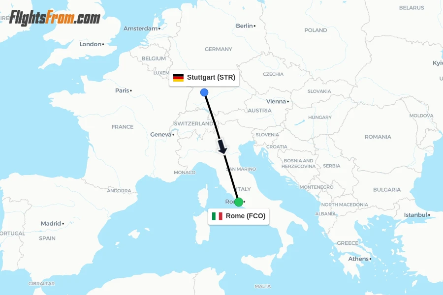 Flights from Stuttgart to Rome route map