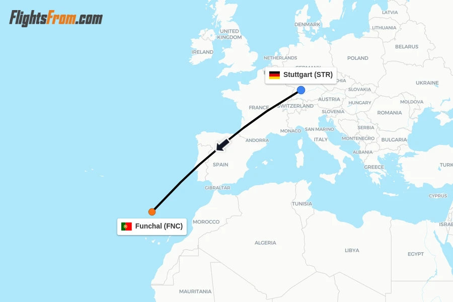 Flights from Stuttgart to Funchal route map