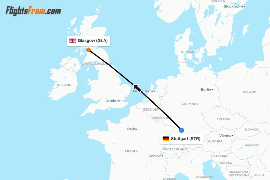 Flights from Stuttgart to Glasgow route map