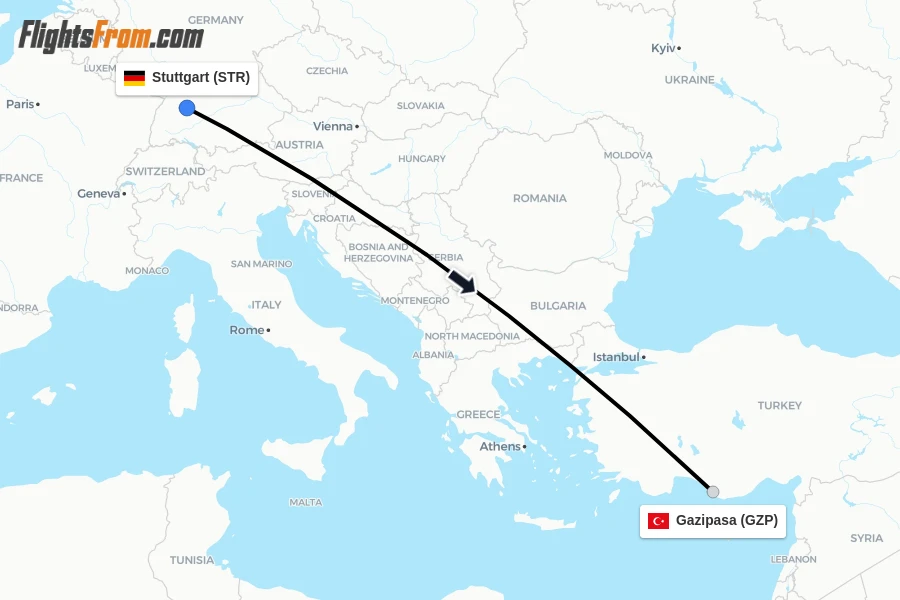 Flights from Stuttgart to Gazipasa route map
