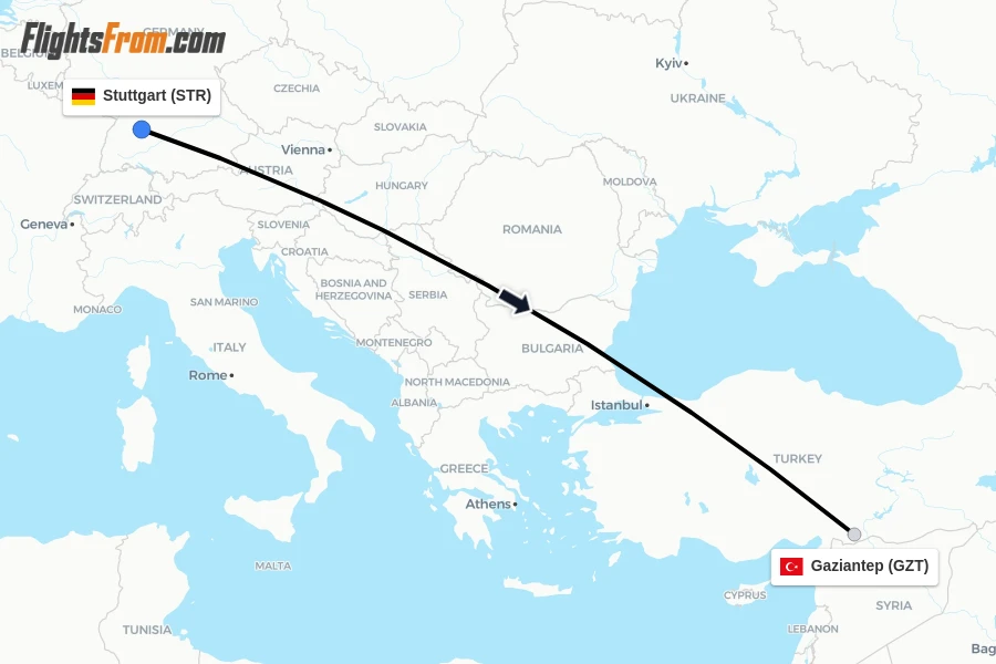 Flights from Stuttgart to Gaziantep route map