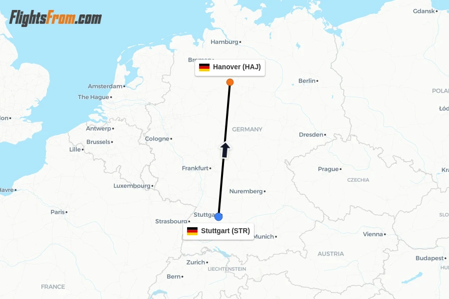 Flights from Stuttgart to Hanover route map