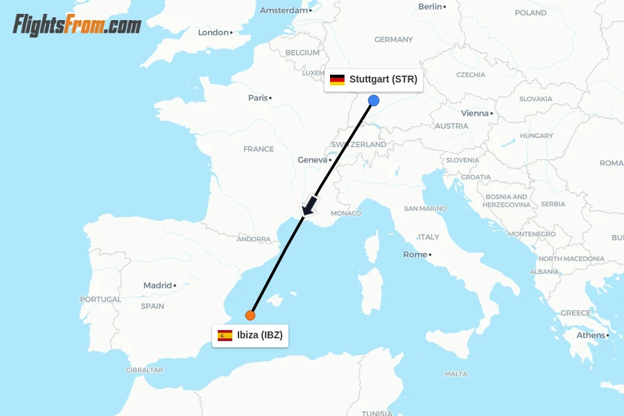 Flights from Stuttgart to Ibiza route map