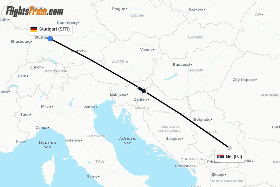 Flights from Stuttgart to Nis route map