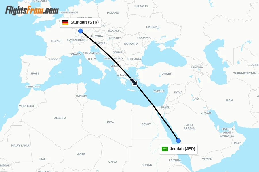 Flights from Stuttgart to Jeddah route map