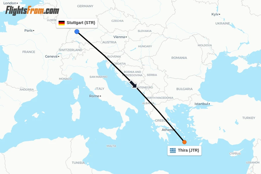 Flights from Stuttgart to Thira route map