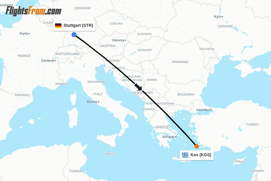 Flights from Stuttgart to Kos route map