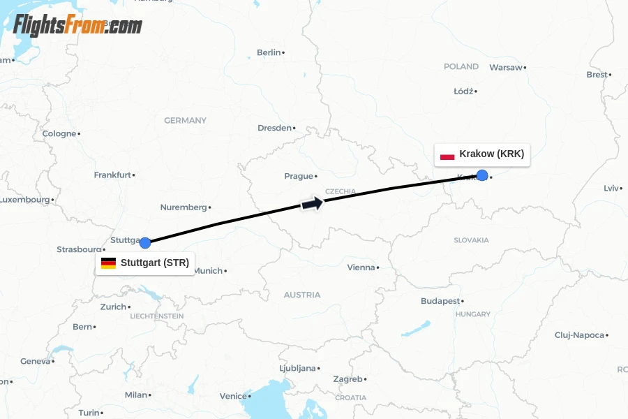 Flights from Stuttgart to Krakow route map