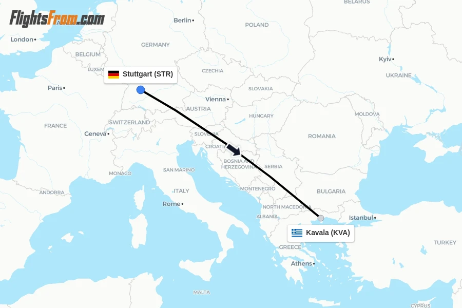 Flights from Stuttgart to Kavala route map