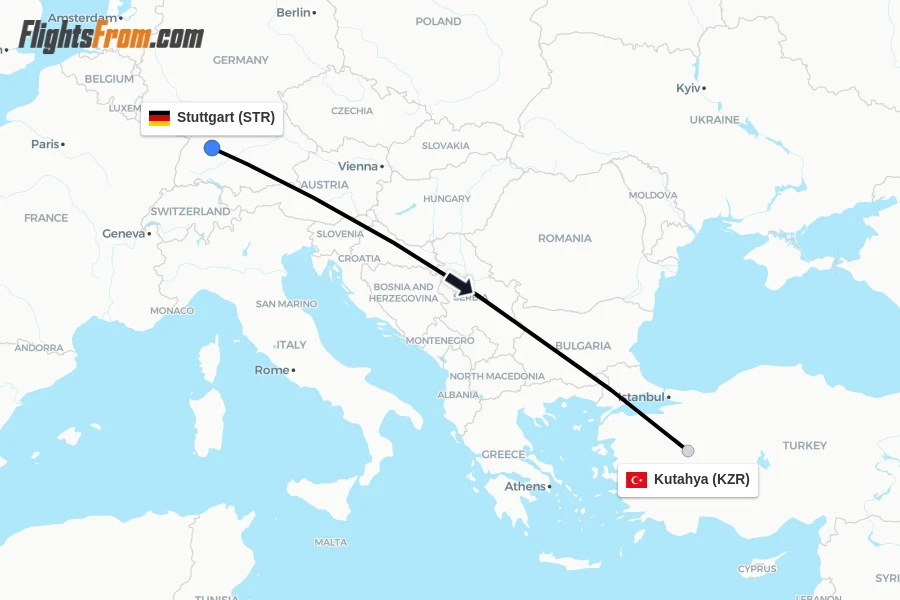 Flights from Stuttgart to Kutahya route map