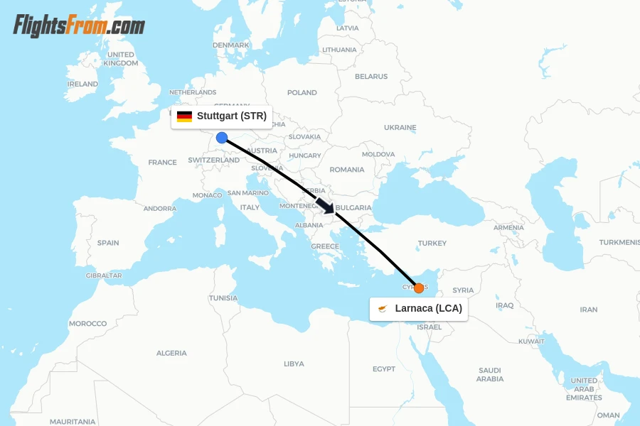 Flights from Stuttgart to Larnaca route map