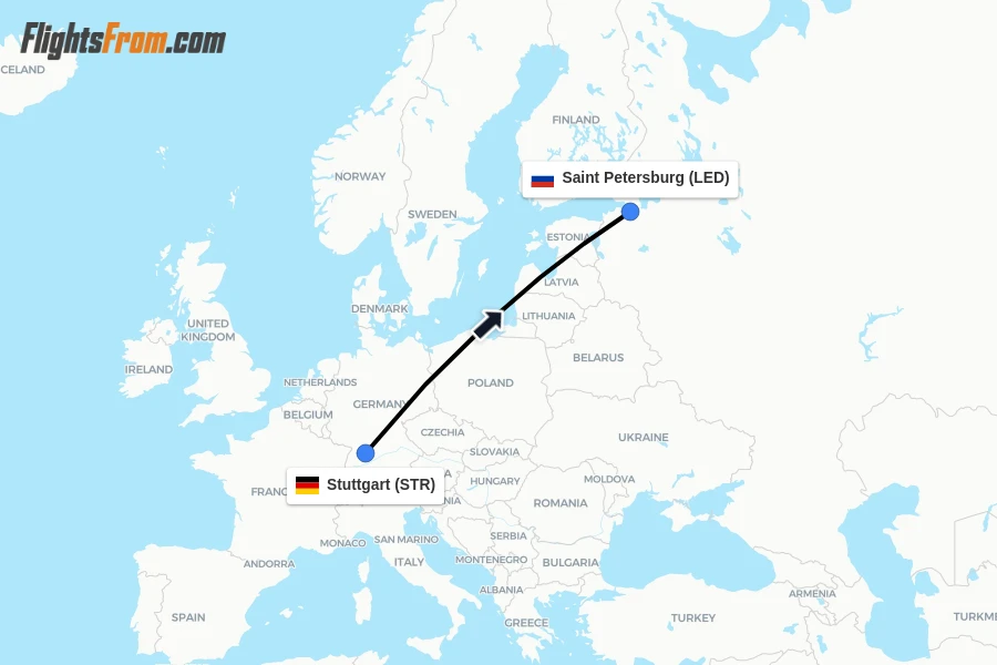 Flights from Stuttgart to Saint Petersburg route map