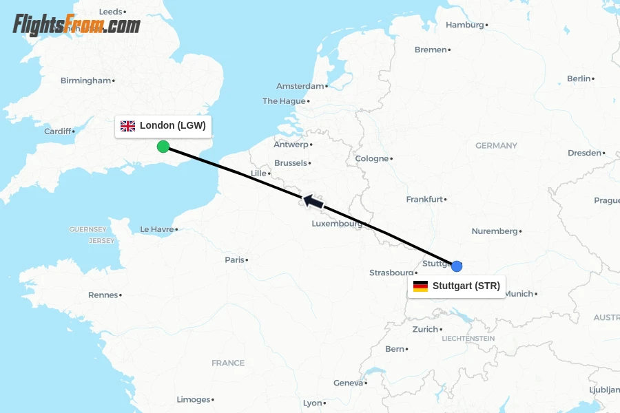 Flights from Stuttgart to London route map