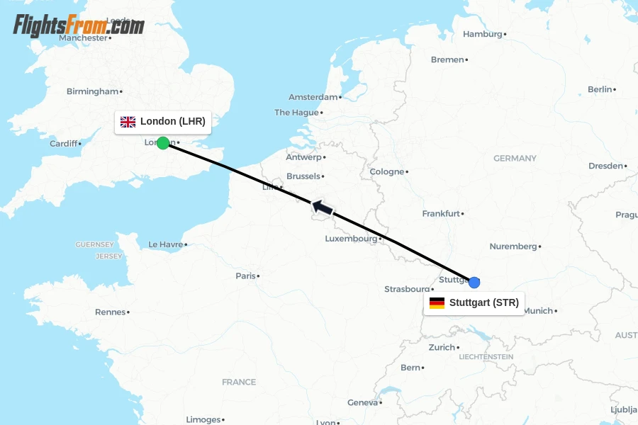 Flights from Stuttgart to London route map