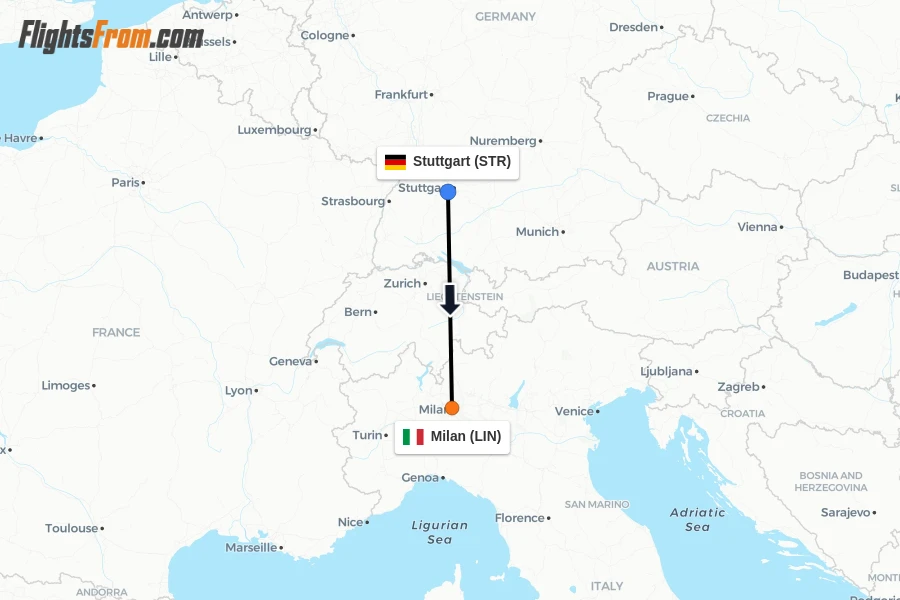 Flights from Stuttgart to Milan route map