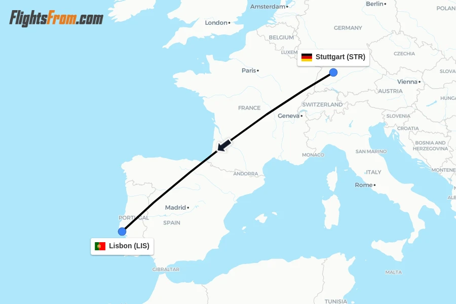 Flights from Stuttgart to Lisbon route map