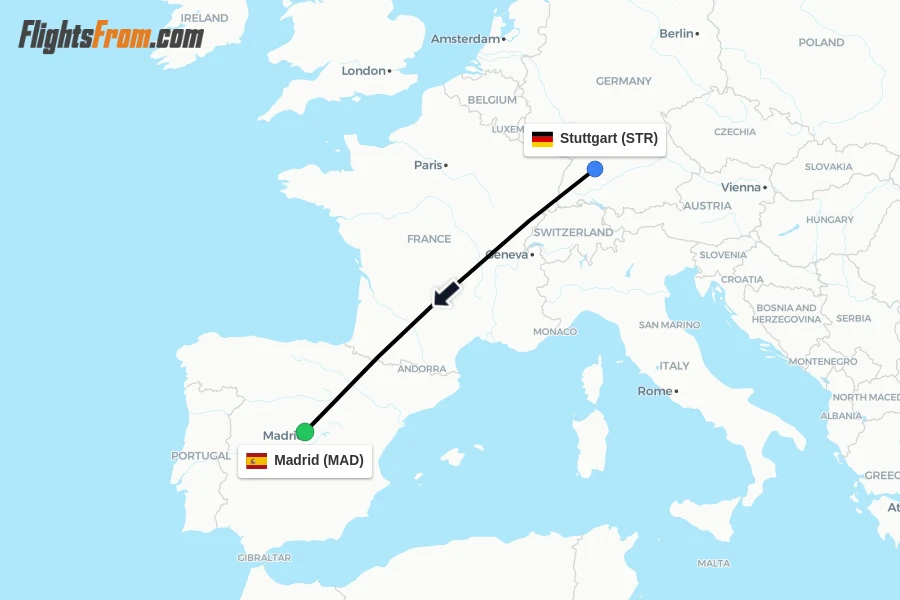 Flights from Stuttgart to Madrid route map