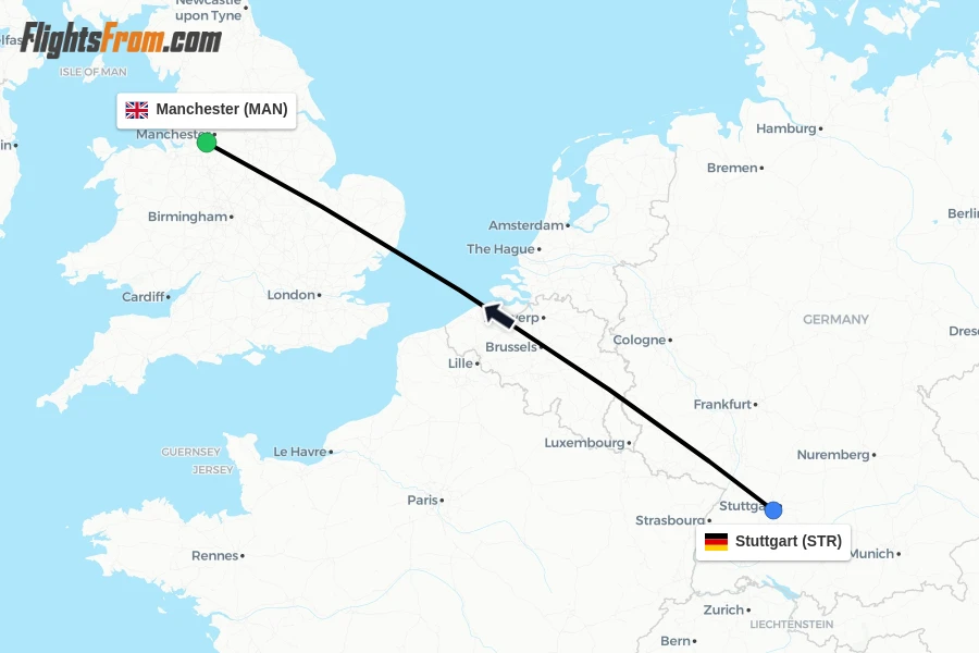 Flights from Stuttgart to Manchester route map
