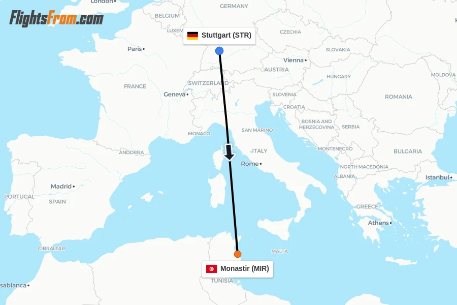 Flights from Stuttgart to Monastir route map