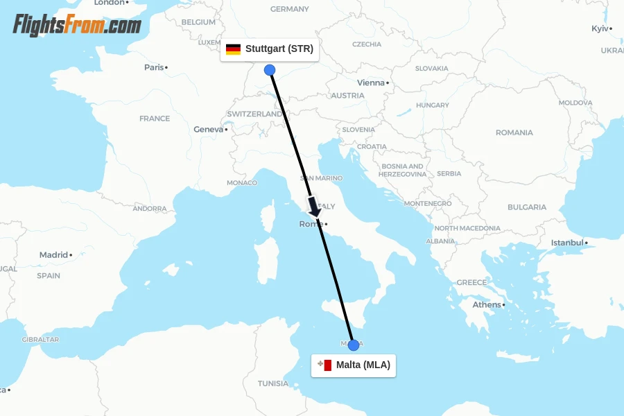Flights from Stuttgart to Malta route map