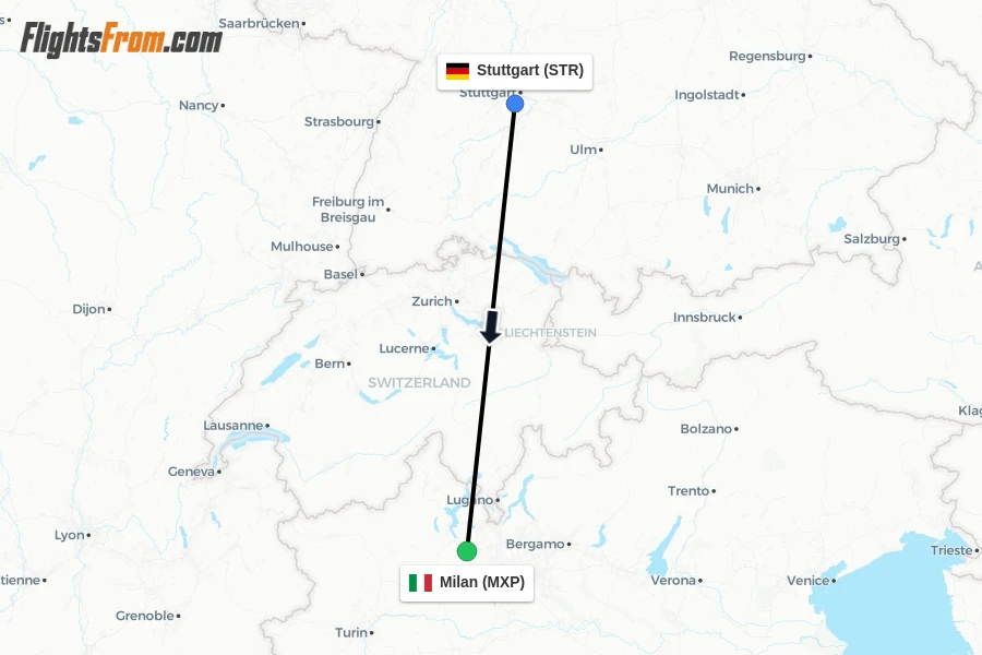 Flights from Stuttgart to Milan route map