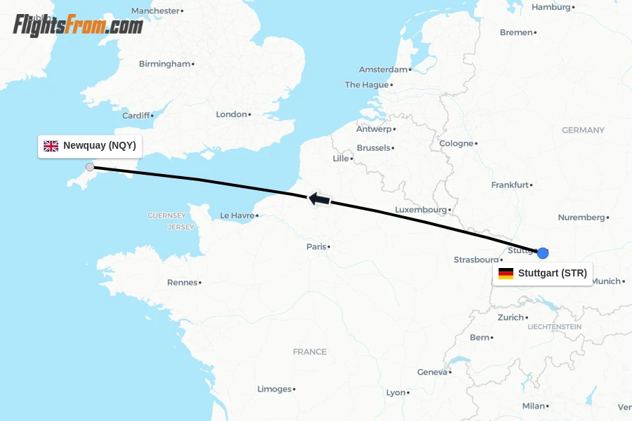 Flights from Stuttgart to Newquay route map