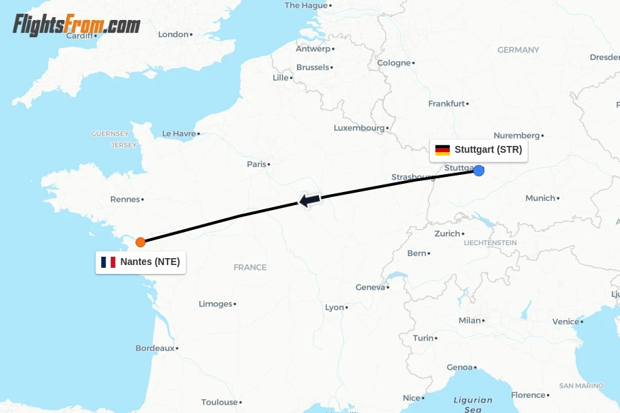 Flights from Stuttgart to Nantes route map