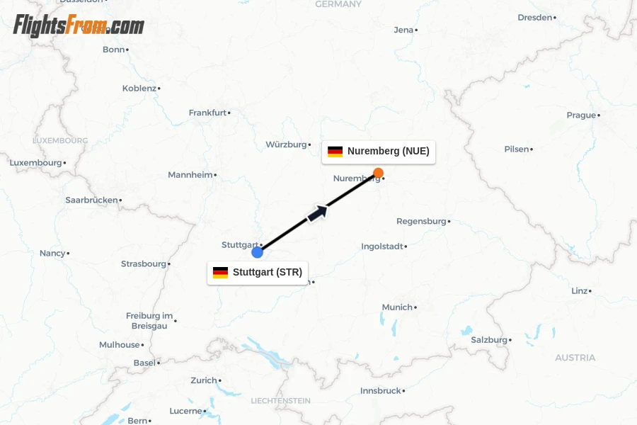 Flights from Stuttgart to Nuremberg route map